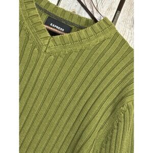 Express Men's Ribbed XL Knit Cotton V-neck Heavy Olive Green Sweater